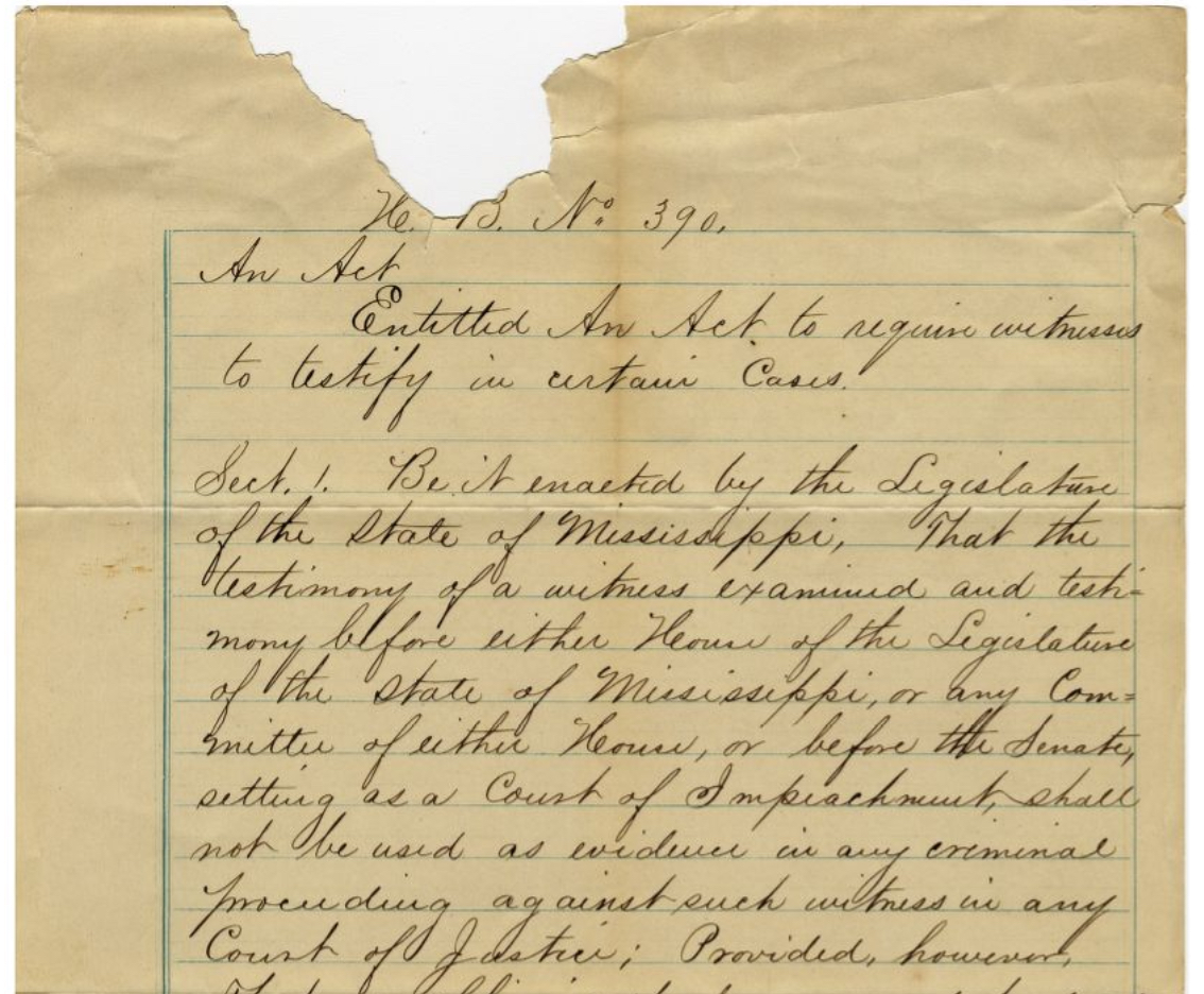 Scan of "Incomplete draft of Mississippi House Bill 390; 1876" in CWRGM collections